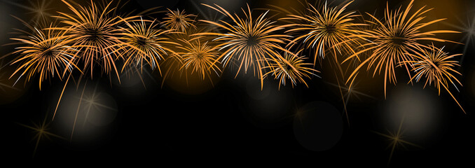 New year banner  background with colorful gold and yellow fireworks  - obrazy, fototapety, plakaty