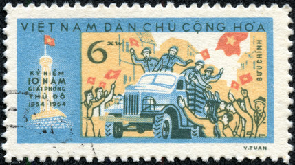  stamp printed by Vietnam shows 10 years of independence of Vietnam, circa 1964