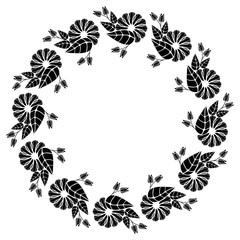 Round black and white frame outline decorative flowers. Copy space. 