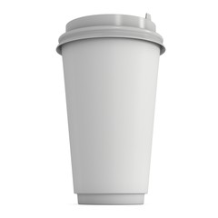 Disposable coffee cup. Blank paper mug with plastic cap. 3d render isolated on white background