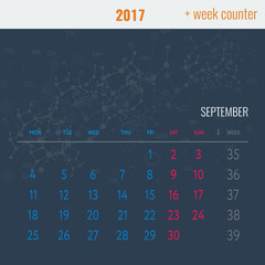 Calendar template with week counter for 2017 September with Abstract medical background, medical substance and dna molecules. Vector Illustration.