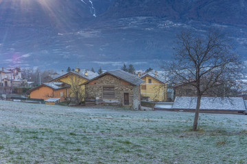 Fototapeta premium winter landscape, trees and mountain on winter