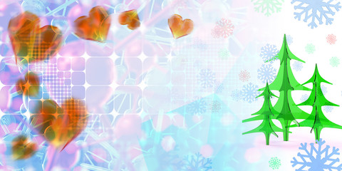 geometric square abstract background with christmas tree, hearts, stars and snowflakes. 3d illustration with copyspace