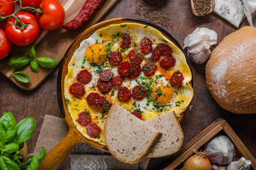 Omelette with chorizo and herbs