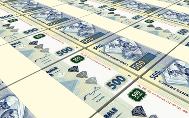 Congolese francs bills stacked background. 3D illustration.