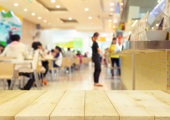 Food court or foodcourt interior blurred background. Restaurant or canteen with table, people at...