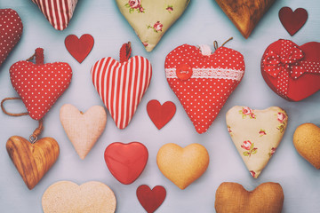 Valentines day background. Various of wooden and fabric hearts