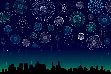 Foto op Canvas Vector illustration of a festive fireworks display over the city at night scene for holiday and celebration background design. © Manovector