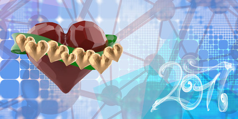 Flying red chopped heart with green ribbon and gold hearts. On blue abstract square polygonal background. And 2017 lettering written by white smoke .3d illustration