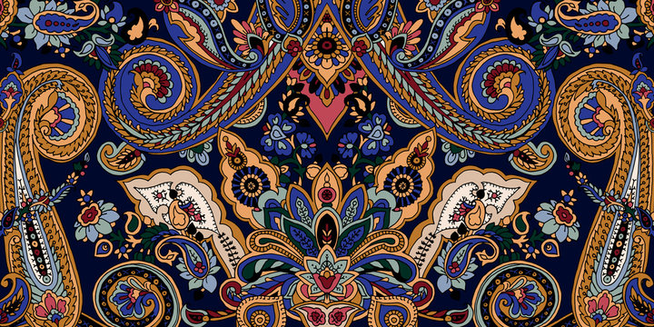 Abstract geometric paisley pattern. Traditional oriental ornament. Vibrant colors on navy blue background. Textile design.