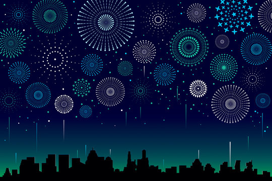 Vector illustration of a festive fireworks display over the city at night scene for holiday and celebration background design.