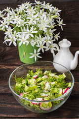 Salad with radishes, lettuce, spinach and olive oil on a wooden table