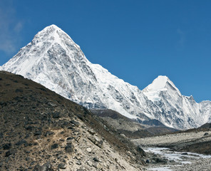 View of the Mount Everest region near Gorak Shep with Pumo Ri peak on background, Nepal, Himalayas