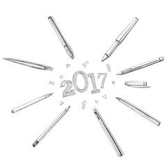 Beautiful letters. 2017 New Year in frame of pens.Hand drawn Vector illustration.