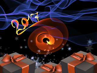 Colorful and striped boxes with gifts tied bows on dark abstract space background with 2017 letteing numbers written by fire. Happy new year 3d illustration