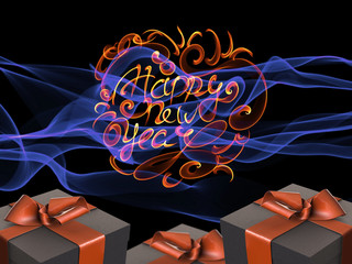Colorful and striped boxes with gifts tied bows on dark abstract space background with happy new year letteing written by fire. Happy new year 3d illustration
