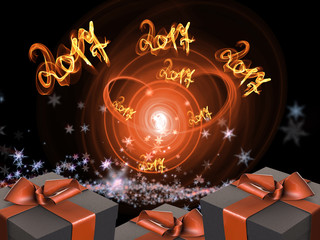Colorful and striped boxes with gifts tied bows on dark abstract space background with 2017 letteing numbers written by fire. Happy new year 3d illustration