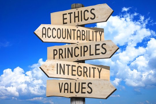 Wooden signpost - code of ethics concept (ethics, accountability, principles, integrity, values).
