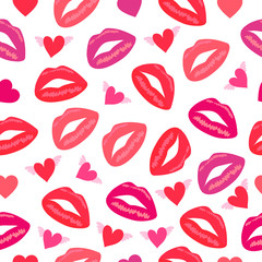 Primitive seamless retro pattern with different lips and hearts