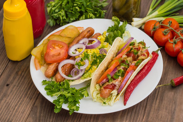 Ingredients for a picnic consisting of vegetables and sausages grilled on wooden rustic background, top view. Close-up