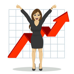 young business woman with arms raised. Financial success bar graph growing up