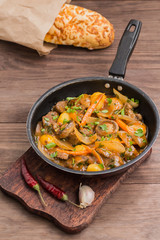 Meat in Burgundy in a frying pan