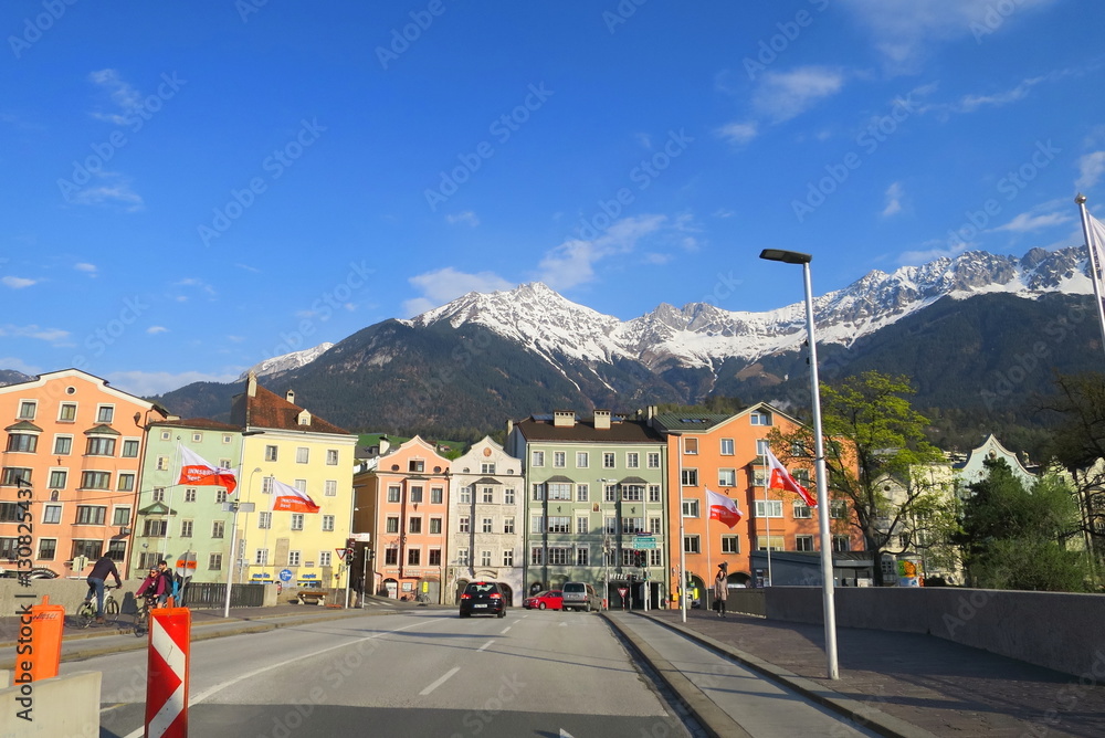 Wall mural Architecture of the bridge, view to the historical Innsbruck houses of Innsbruck, Austria. Innsbruck is the capital city of the federal state of Tyrol (Tirol)