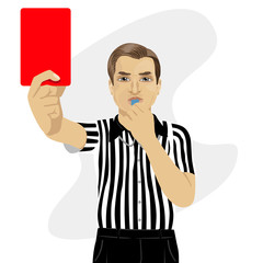 mature referee showing red card warning blowing whistle
