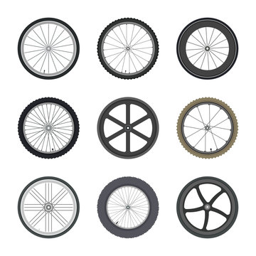 Set of Bicycle wheels in flat style isolated on white background.