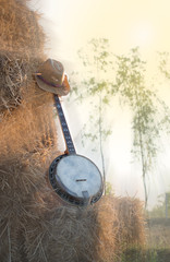 .Banjo resting on straw Division in the fields, the warm sun of