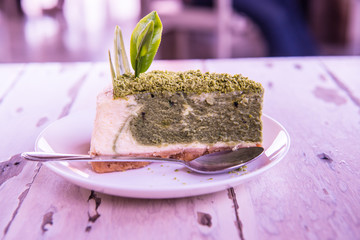 Green Tea Cheesecake on White Dish