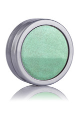 Green color eyeshadow powder with glitter particles, in round grey container reflected on the surface, beauty product isolated on white background