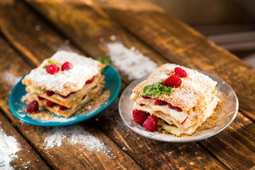 Mille-feuille of puff pastry with raspberries