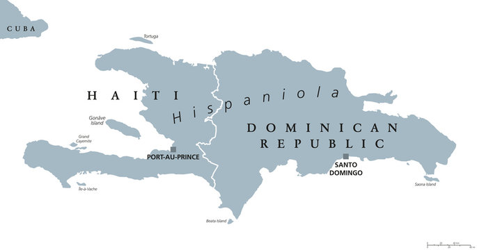 Hispaniola political map, also San Domingo. Haiti and Dominican Republic with capitals Port-au-Prince and Santo Domingo, in the Caribbean island group. Gray illustration with English labeling. Vector.