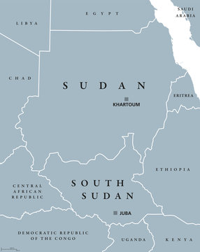 Sudan and South Sudan political map with capitals Khartoum and Juba. Two republics in Eastern Africa, with national borders and neighbor countries. Gray illustration with English labeling. Vector.