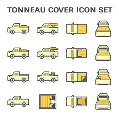 Pick up truck in top, side and rear view vector icon. Include rack, roll bar, tonneau, tray or bed cover both soft and hard i.e. lid, canvas and shutter. Accessories for close, open, load, carry.