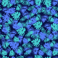 Abstract seamless pattern for girl and boy. Creative vector background, colorful wallpaper with green branches ferns, tropical plants. Print summer exotic jungle plant palm leaves.