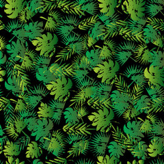 Naklejka na ściany i meble Abstract seamless pattern for girl and boy. Creative vector background, colorful wallpaper with green branches ferns, tropical plants. Print summer exotic jungle plant palm leaves.