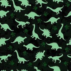 Cute kids pattern for girls and boys. Colorful dinosaurs on the abstract grunge background create a fun cartoon drawing. The background is made in neon colors. Urban backdrop for textile and fabric.