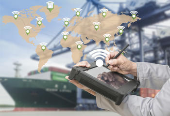 Map global logistics partnership connection of Container Cargo freight ship for Logistics Import Export background (Elements of this image furnished by NASA)