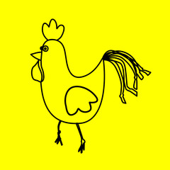 Simple icon with the image of a black contour rooster on a yello
