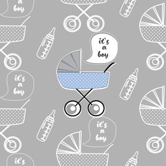 Abstract seamless pattern for newborn, girls,boys, kids. Creative vector background with baby carriage, bottle, inscription.Funny wallpaper for textile and fabric. Fashion style. Colorful bright.