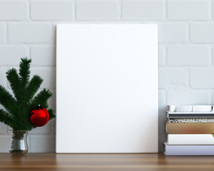 Mock up poster frame on the table, christmas background, 3D render
