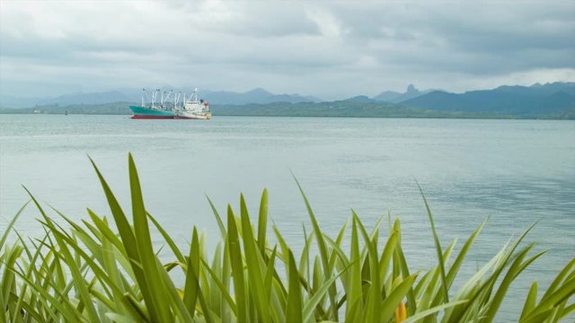 Ships at Harbour of Suva in Tropical Fiji Setting with Surrounding Mountains and Exotic Green Plants