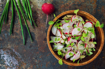 Salad with radishes, apples, greens and a sandwich  fish pate. Old background