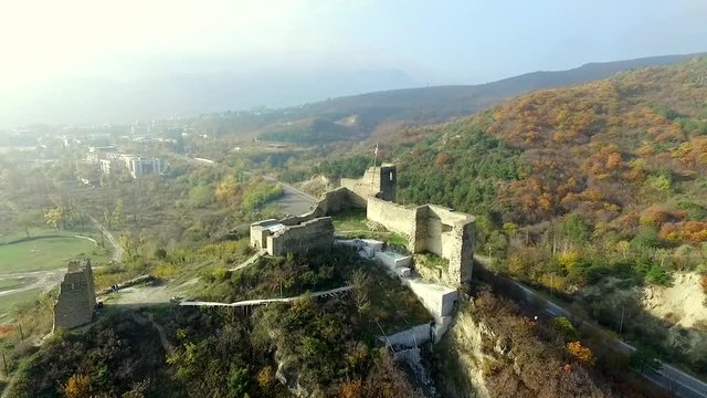 ruins of an old fortress on Kutaisi hill near Mtskheta, Georgia, aerial view
