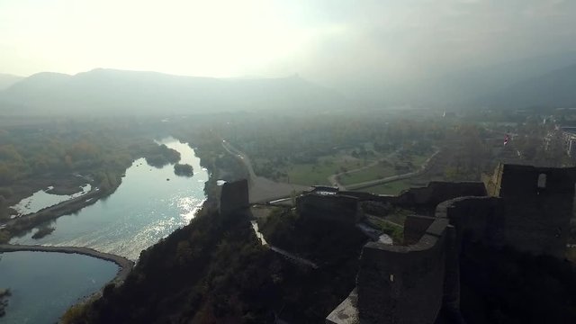 ruins of an old fortress on Kutaisi hill near Mtskheta, Georgia, aerial view