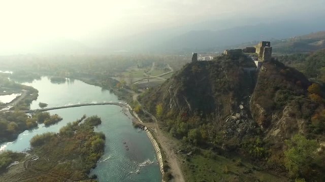 ruins of an old fortress on Kutaisi hill near Mtskheta, Georgia, aerial view
