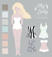 Girl model, swimwear mockup. Cute dress up paper doll, body template
