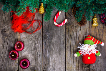Fototapeta na wymiar Christmas wooden background with snow fir tree. View copy space